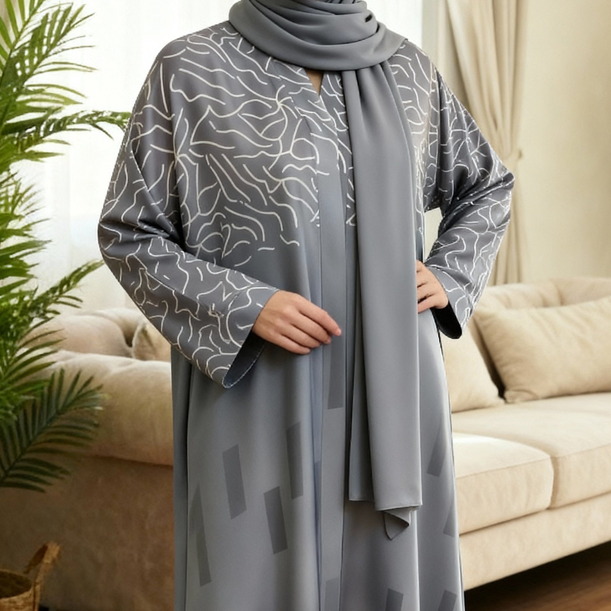 Printed Gray Abaya - silk nida fabric 