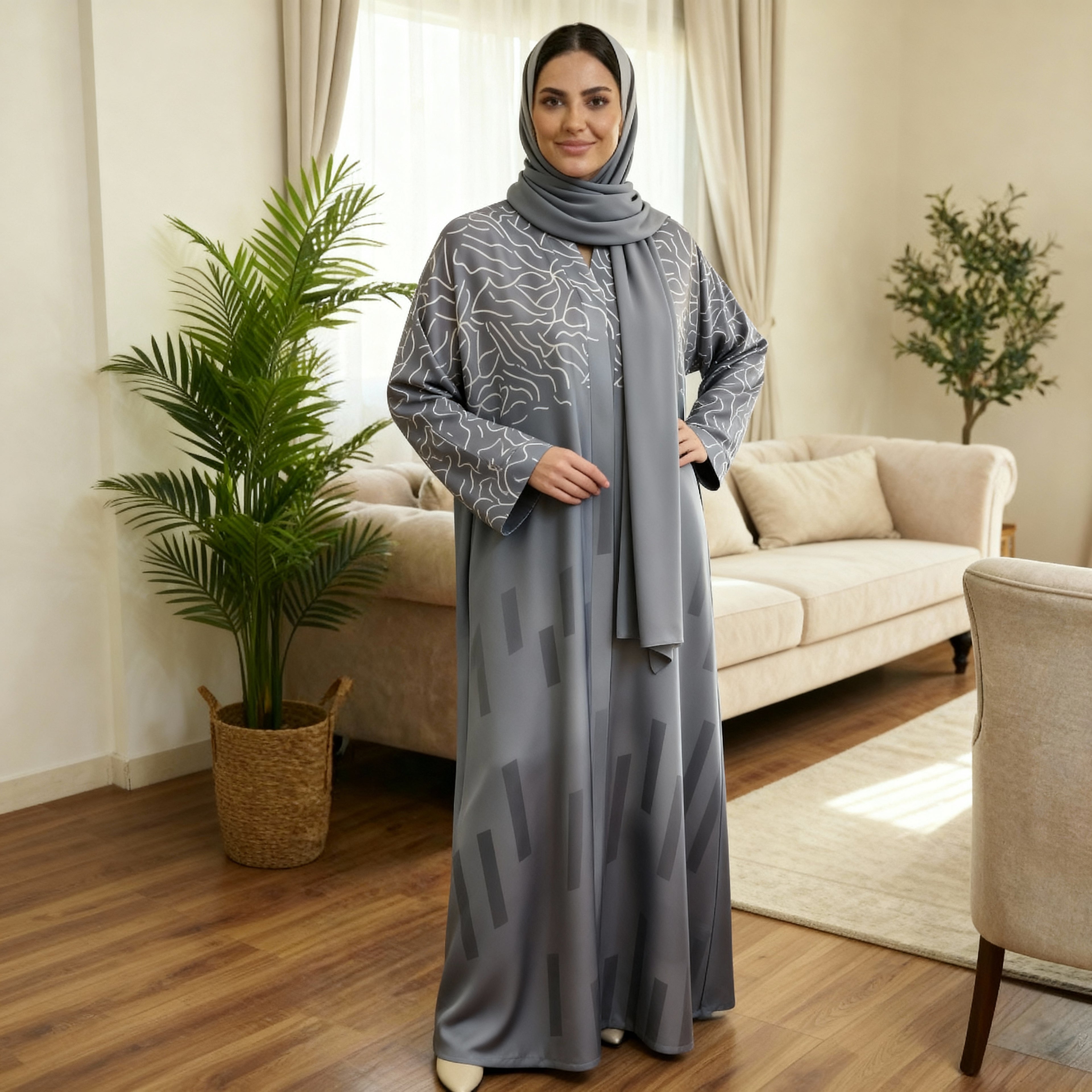 Printed Premium Gray Nida Fabric Abaya