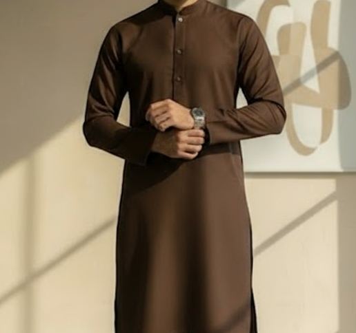 Man wearing a brown kurta standing in a well-lit room .