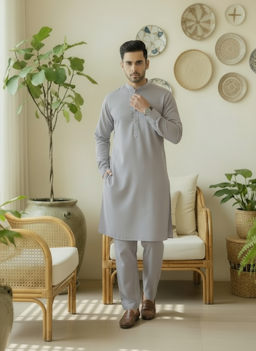 Man wearing a dull gray wash & wear kurta