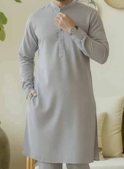 Man wearing a gray wash and wear kurta by J. 